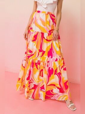 Flying Tomato Maxi Skirt Pink Orange Abstract Print Tiered Size Small | Summer
